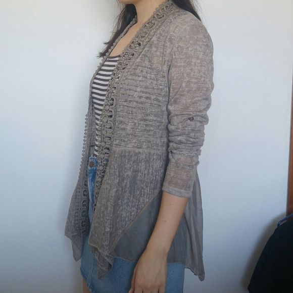 Beige Taupe Thin Knit Crochet Cardigan - Picture 3 of 13